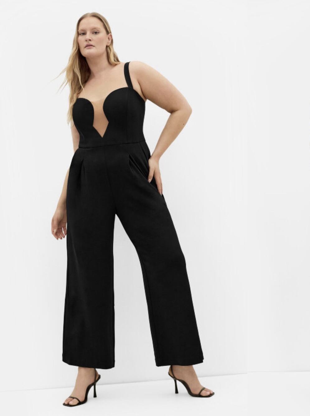 City Chic Jumpsuit Size 18 Black Sheer Panel Wide Leg Flowy Glam Wedding NWT